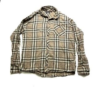 Vans Flannel Shirt Mens XL Beige Plaid Round Hem Long Sleeve Casual Button-Up